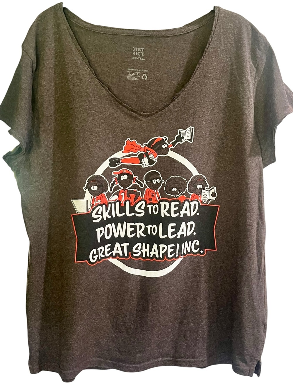 V-Neck Graphic Tee - Dark Gray with Red/White Print size L